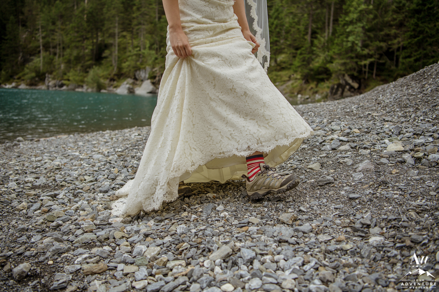 Adventure wedding bride hiking in boots