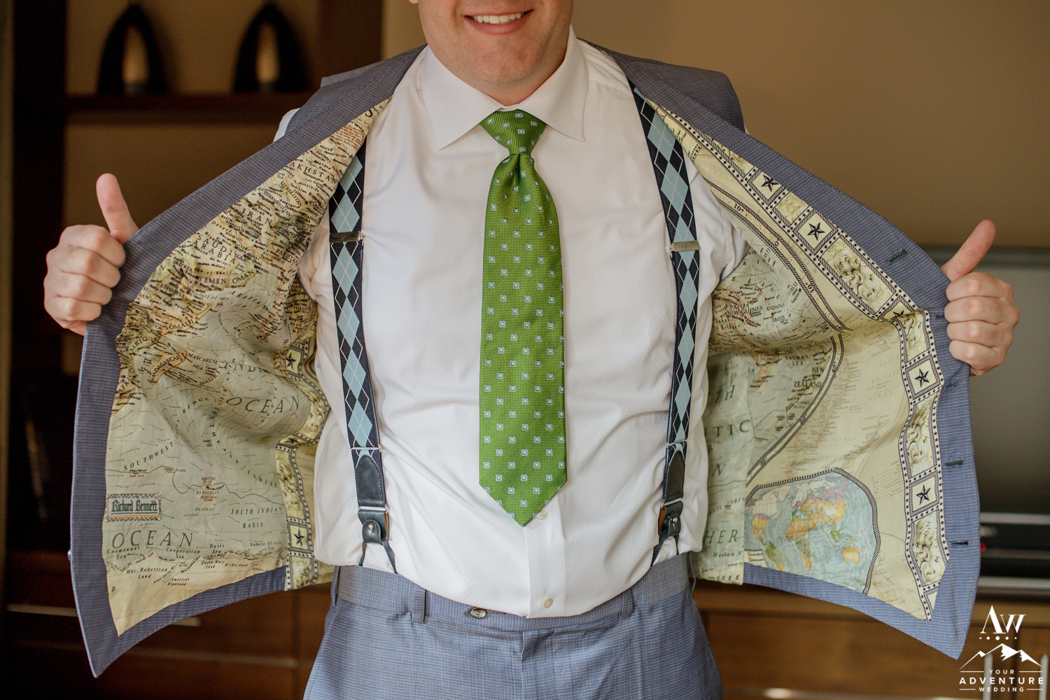 World Map Suit Lining for Switzerland Elopement