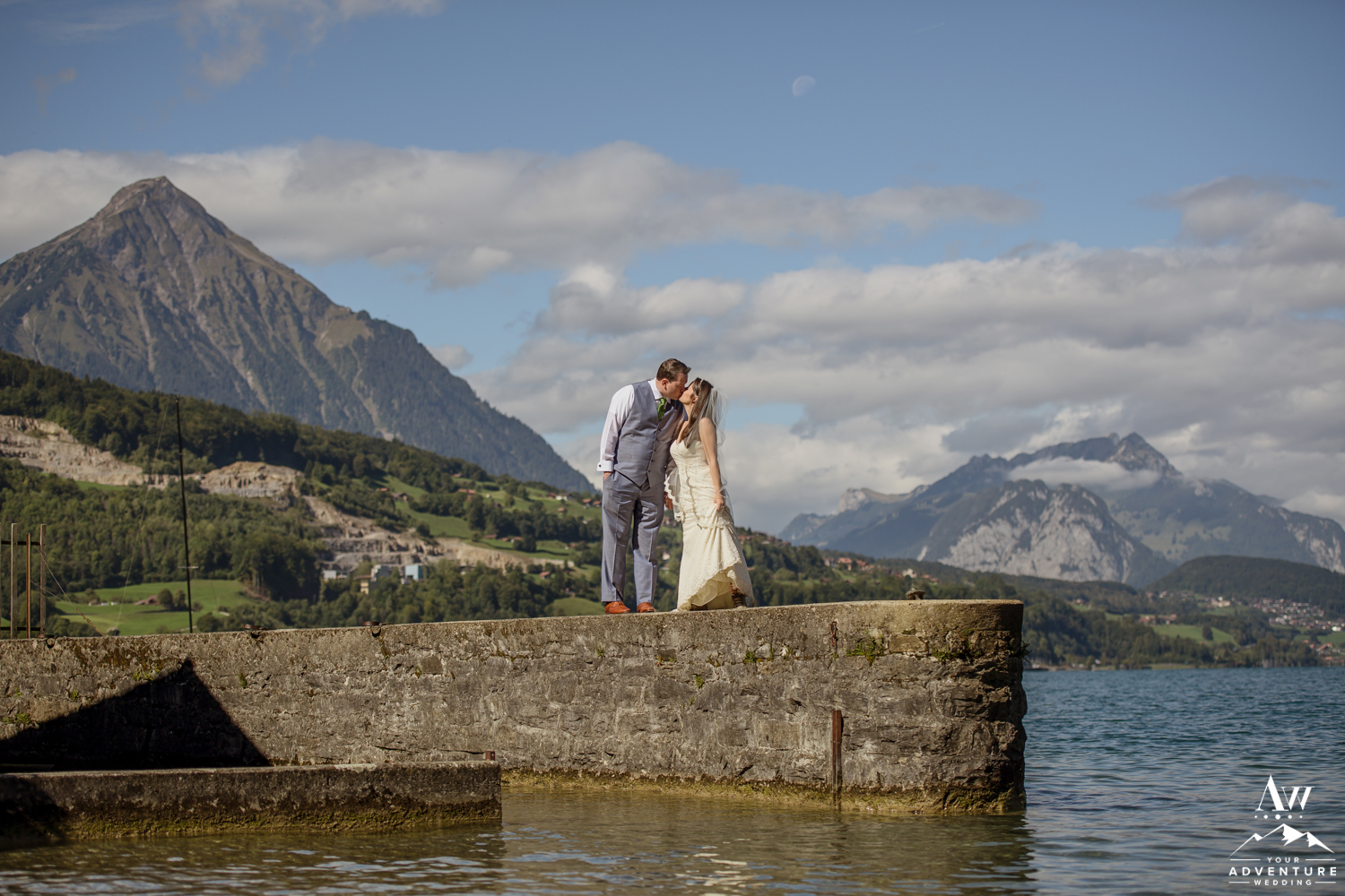 Couple kissing in front of Interlaken Switzerland