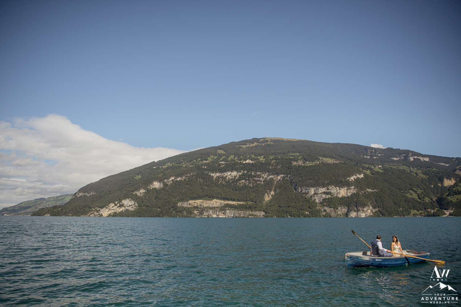 Row Boat Wedding Photo on Interlaken Switzerland