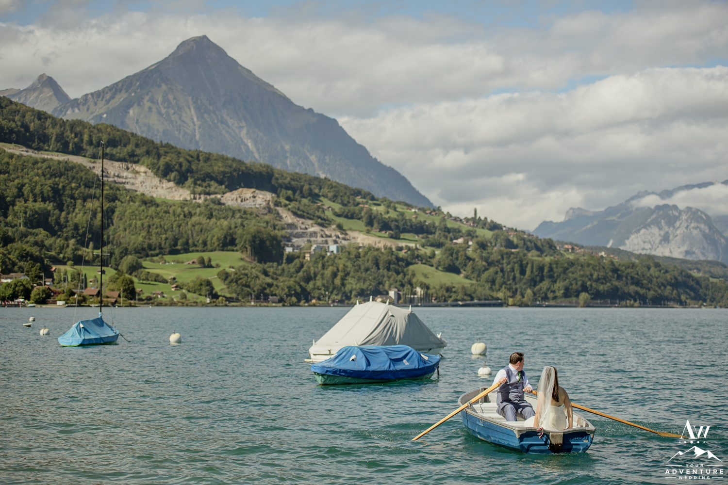 Switzerland Wedding Photo in row boat in Interlaken