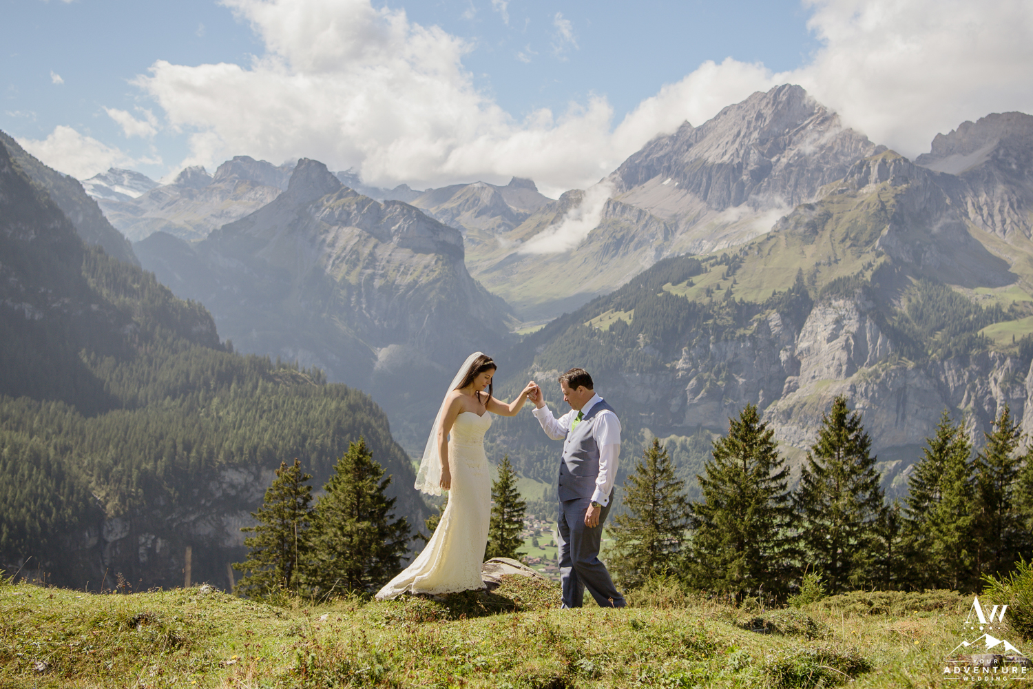 Couple exploring the Swiss Alps on wedding day