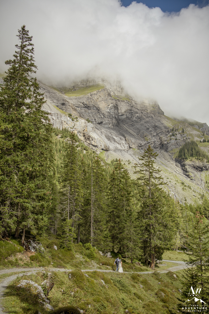 oeschinensee lake with clouds rolling in