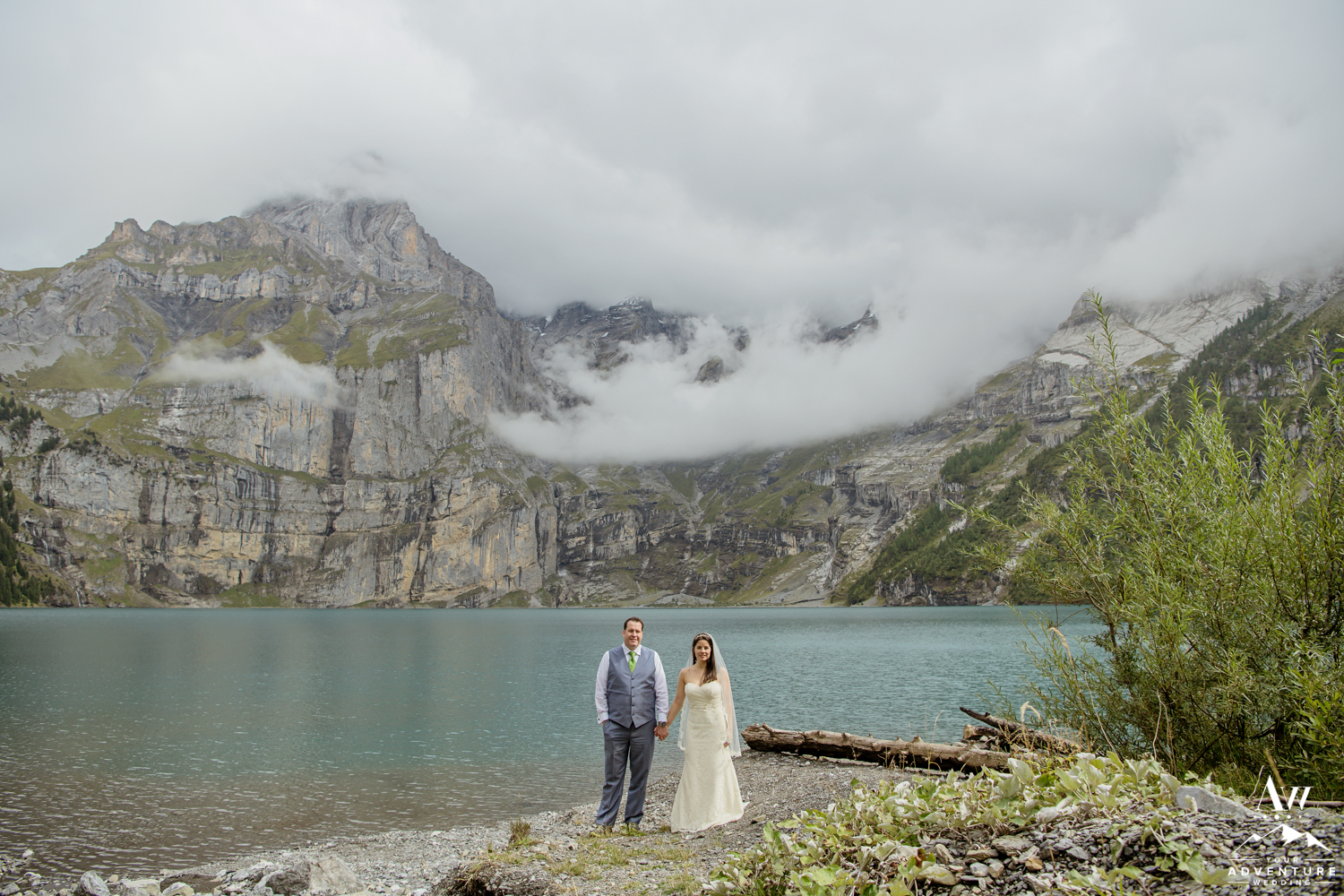 Adventurous couple in Switzerland on wedding day