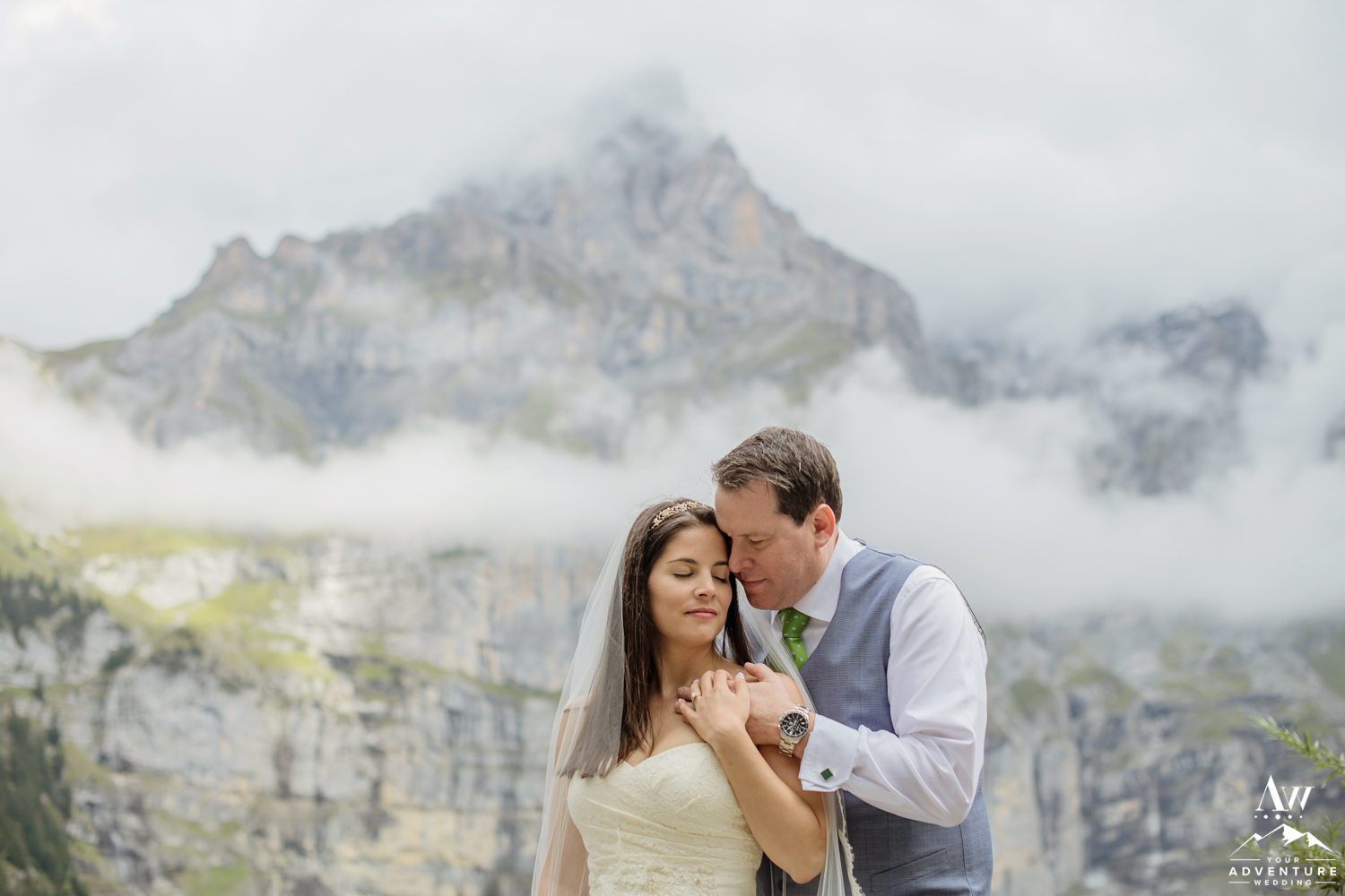Couple hugging on wedding adventure in Switzerland
