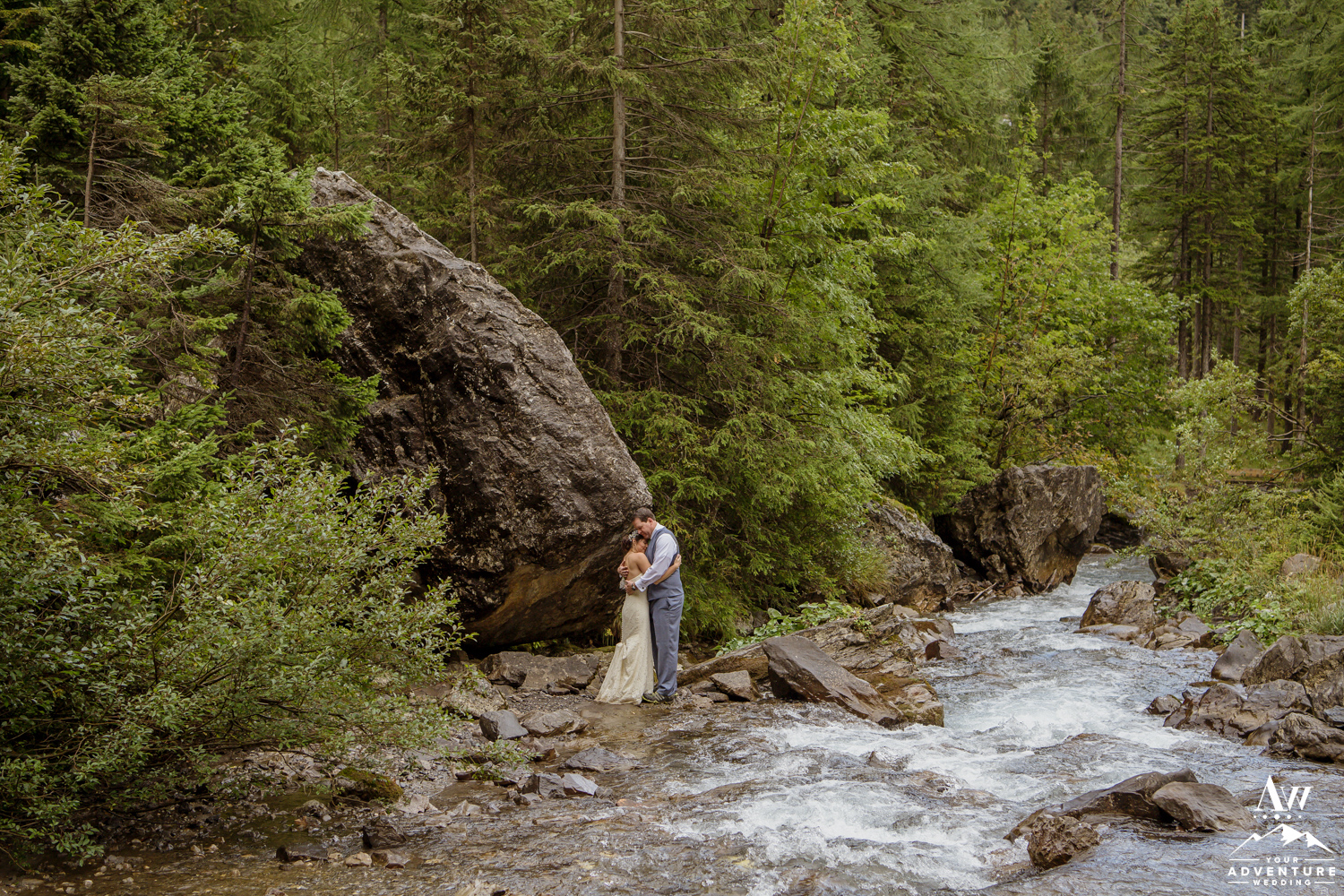 Couple Hugging during Adelboden Elopement in Switzerland