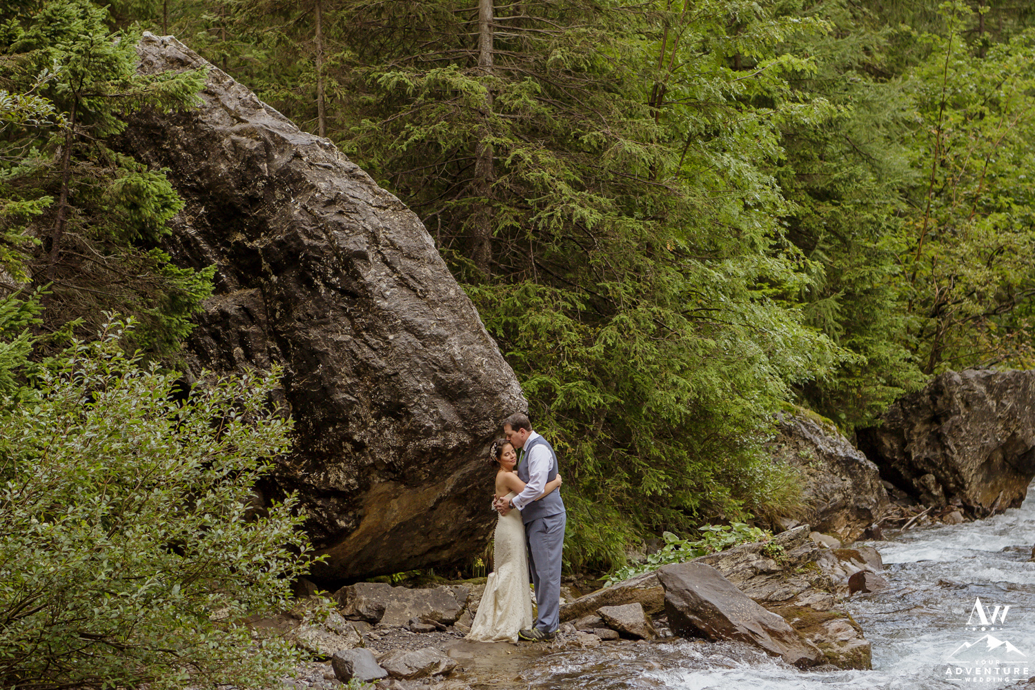 Switzerland Wedding couple next to a river