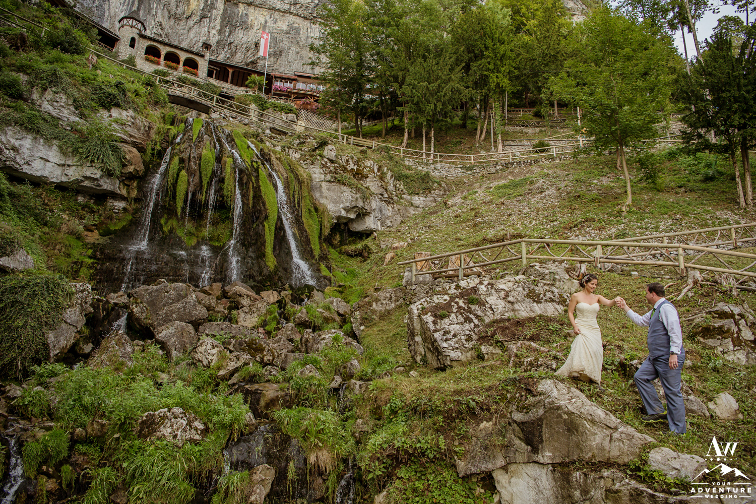 Switzerland elopement couple at st beatus caves