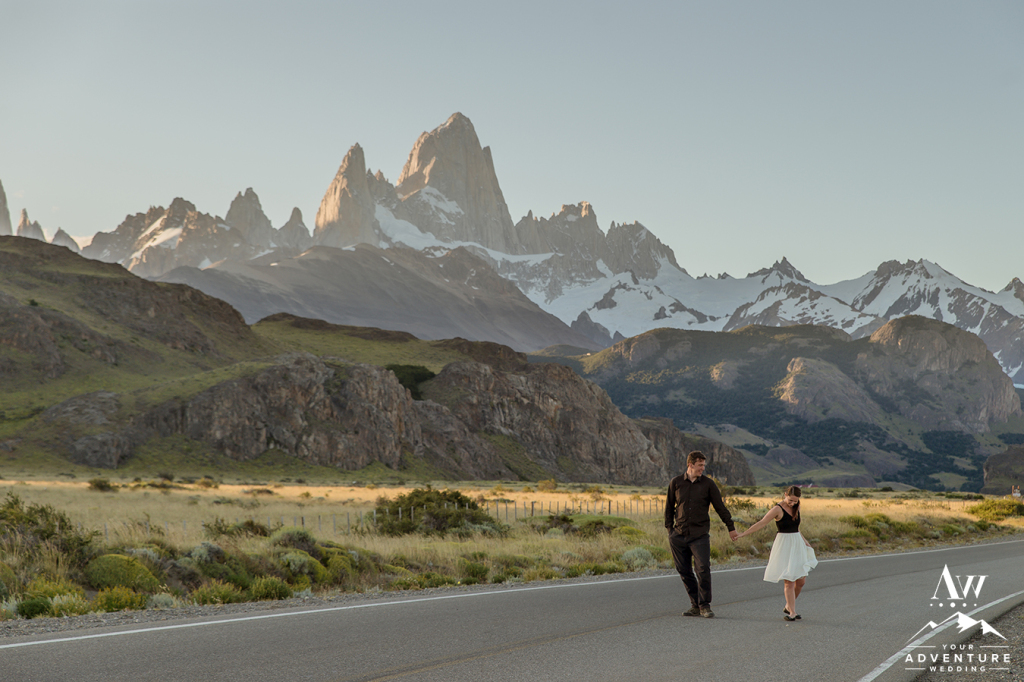 Couple walking on the road in Patagonia