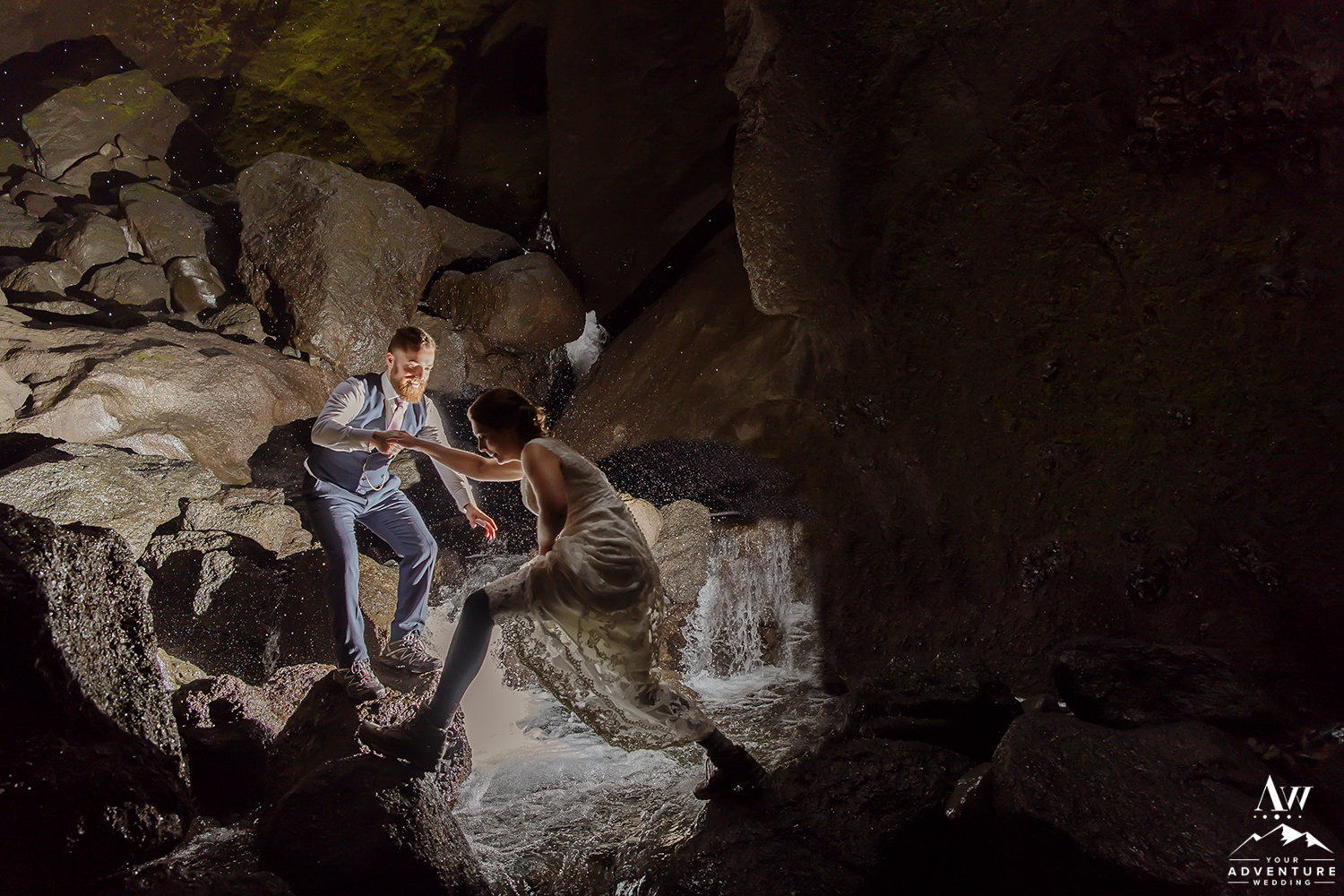 Couple Hiking through a River Waterfall on Iceland Elopement Adventure