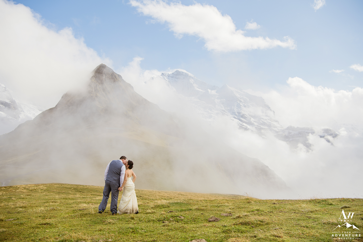 Couple Kissing during Jungfrau mountain Wedding in Switzerland