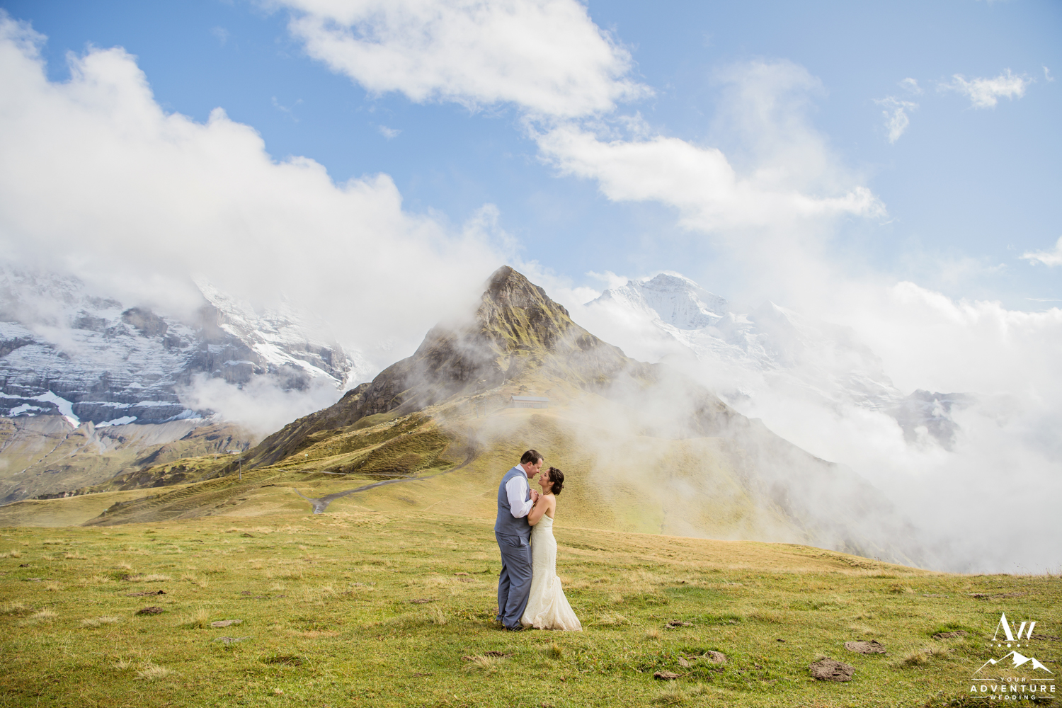 Couple standing in front of Jungfrau Mountain during Switzerland Wedding