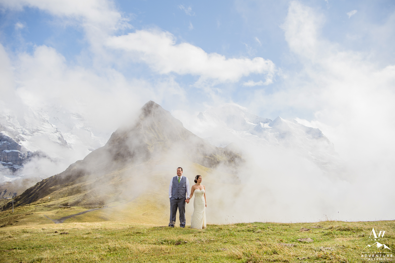 Jungfrau mountain in the background of adventure wedding photos