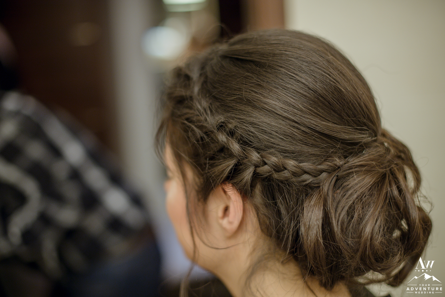 Adventure wedding bride up do hairstyle for elopement