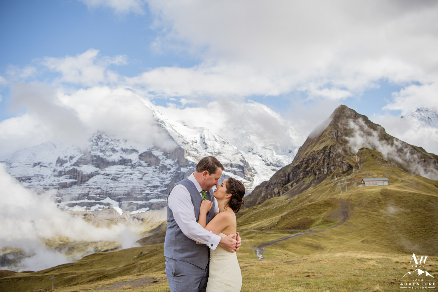 Couple hugging during Switzerland Elopement adventure