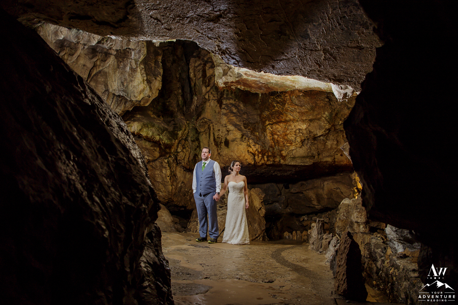 Couple inside of st beatus caves switzerland wedding photos