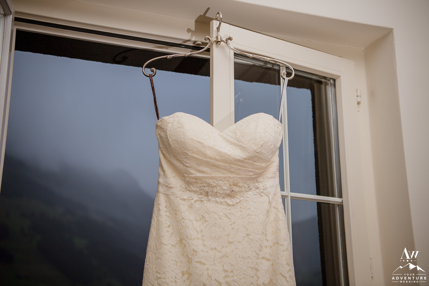 Switzerland Elopement Wedding Dress Hanging