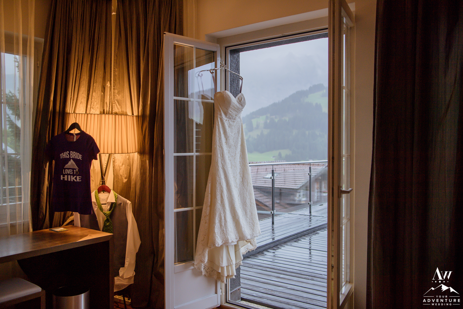 Switzerland Wedding Dress hanging at the Cambrian Hotel