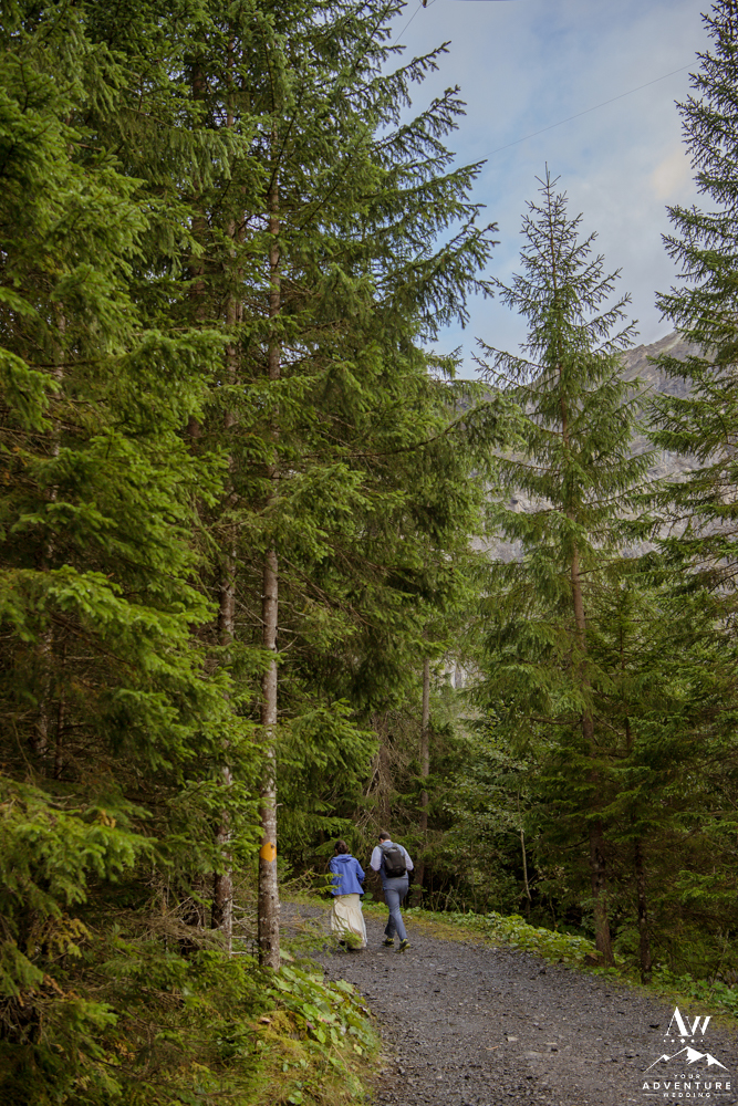 Couple hiking during their Switzerland Elopement