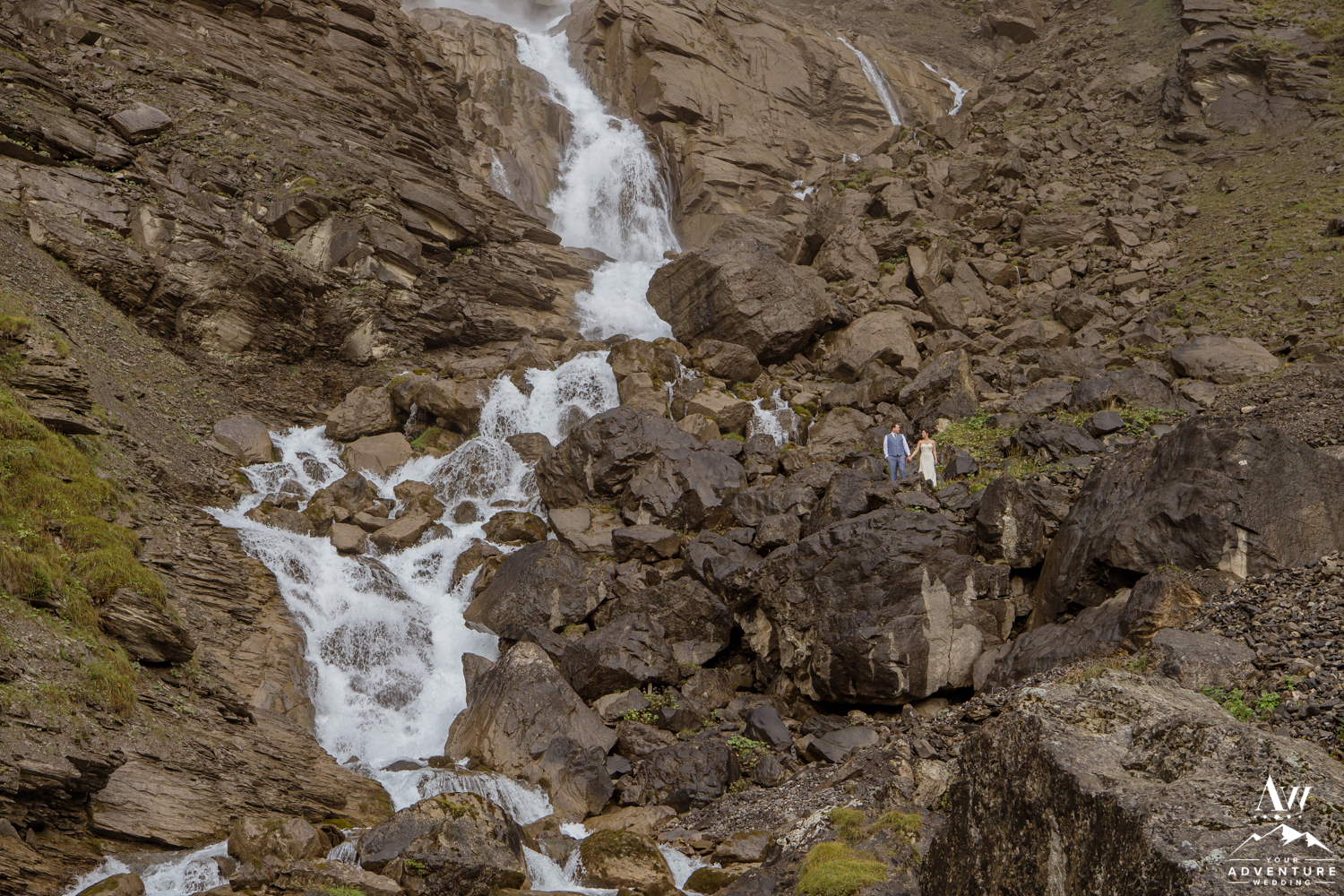 Adventurous Elopement Photos at Engstligenalp Waterfall in Switzerland