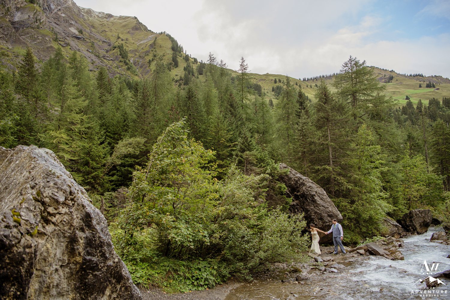 Bride and Groom Exploring on Switzerland Wedding Day