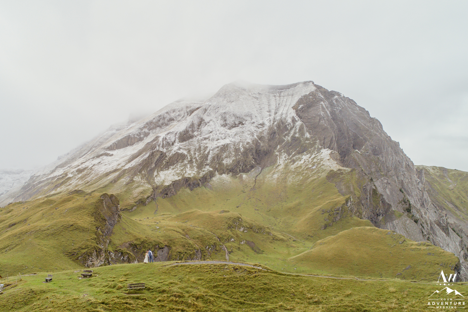 Wedding Drone Photos of couple on engstligenalp mountain in Switzerland