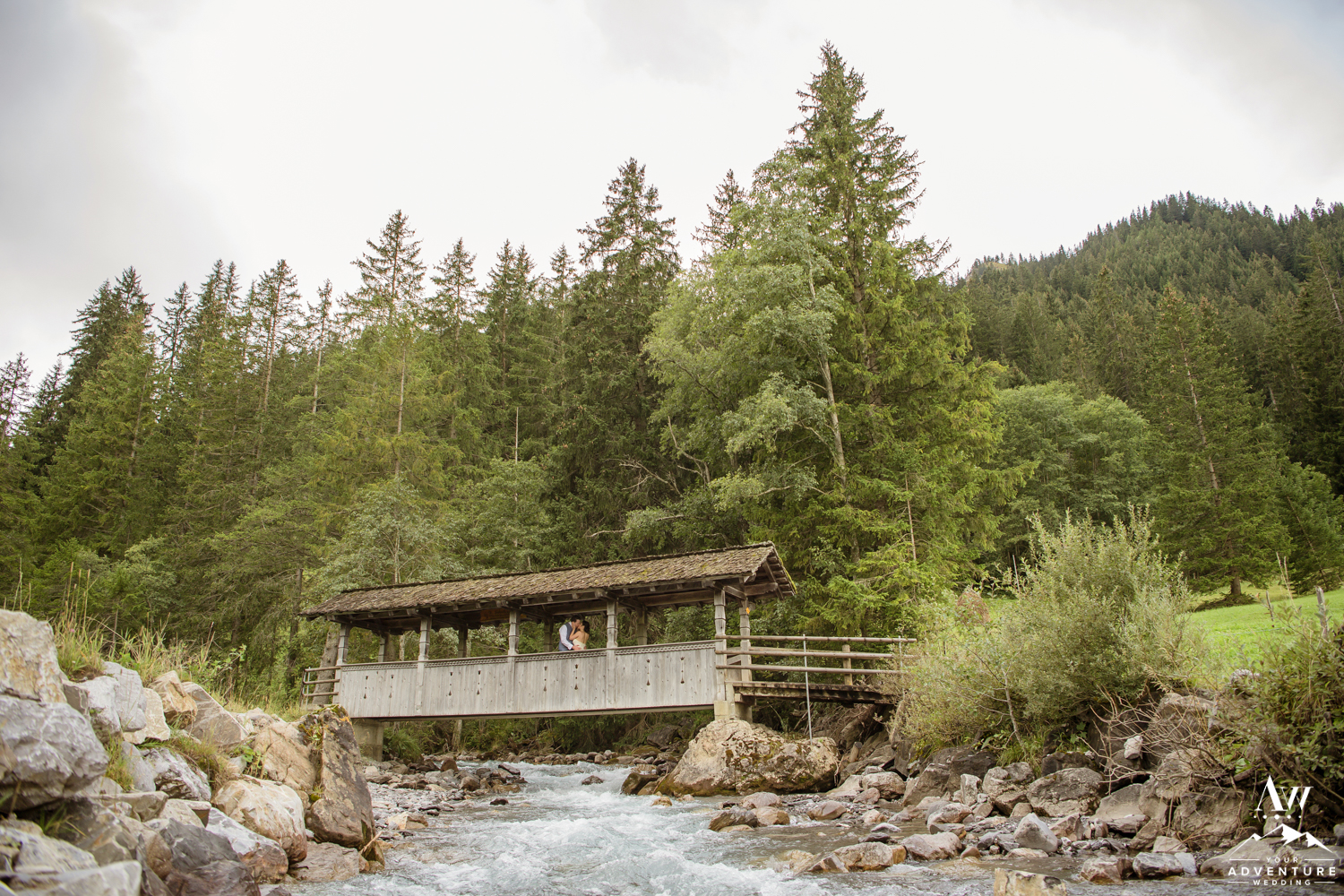 Adelboden Switzerland Covered Bridge Wedding Photo