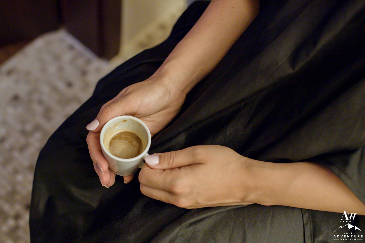 Switzerland Bride having coffee before wedding