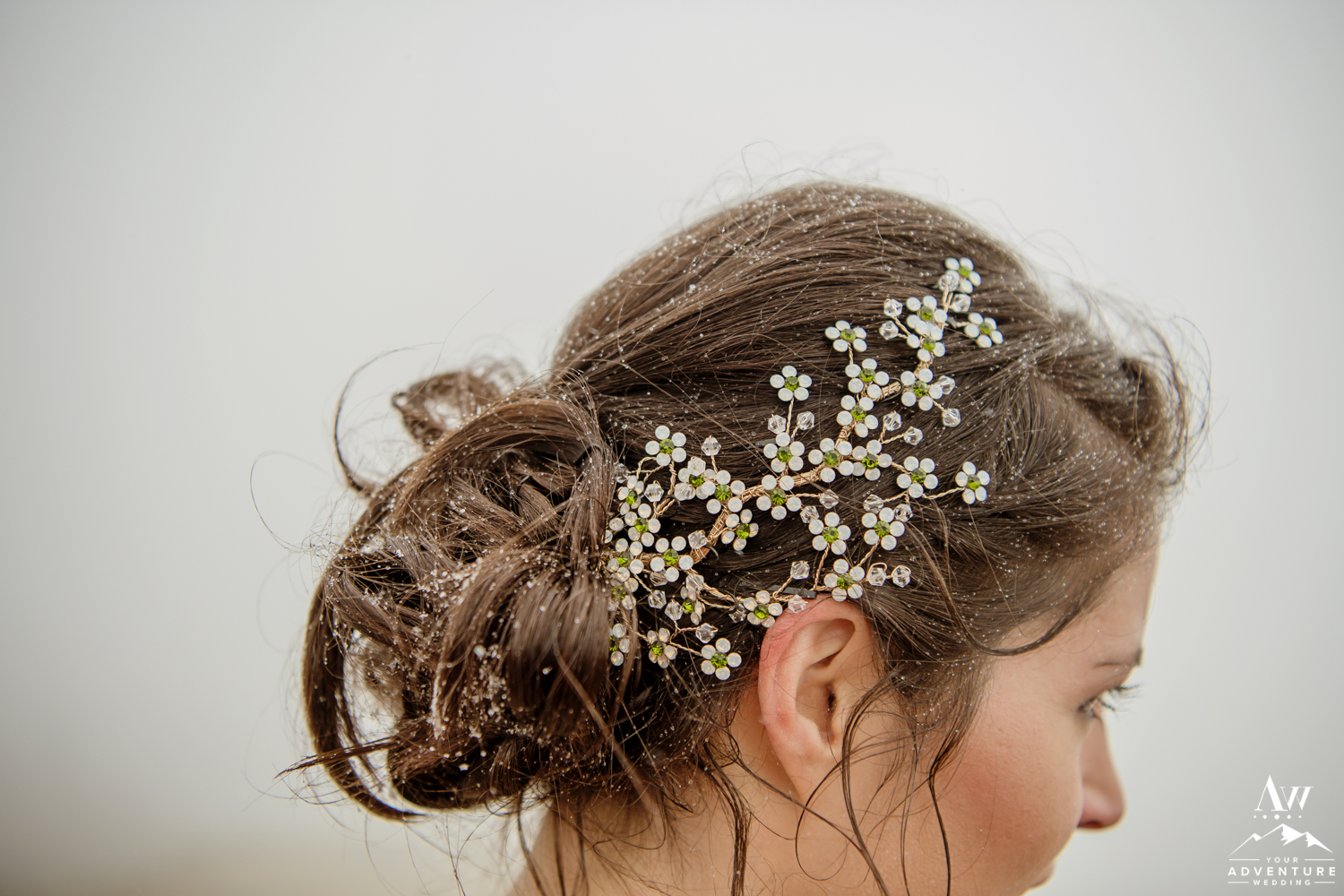 Switzerland Bride Hairstyle during snowstorm