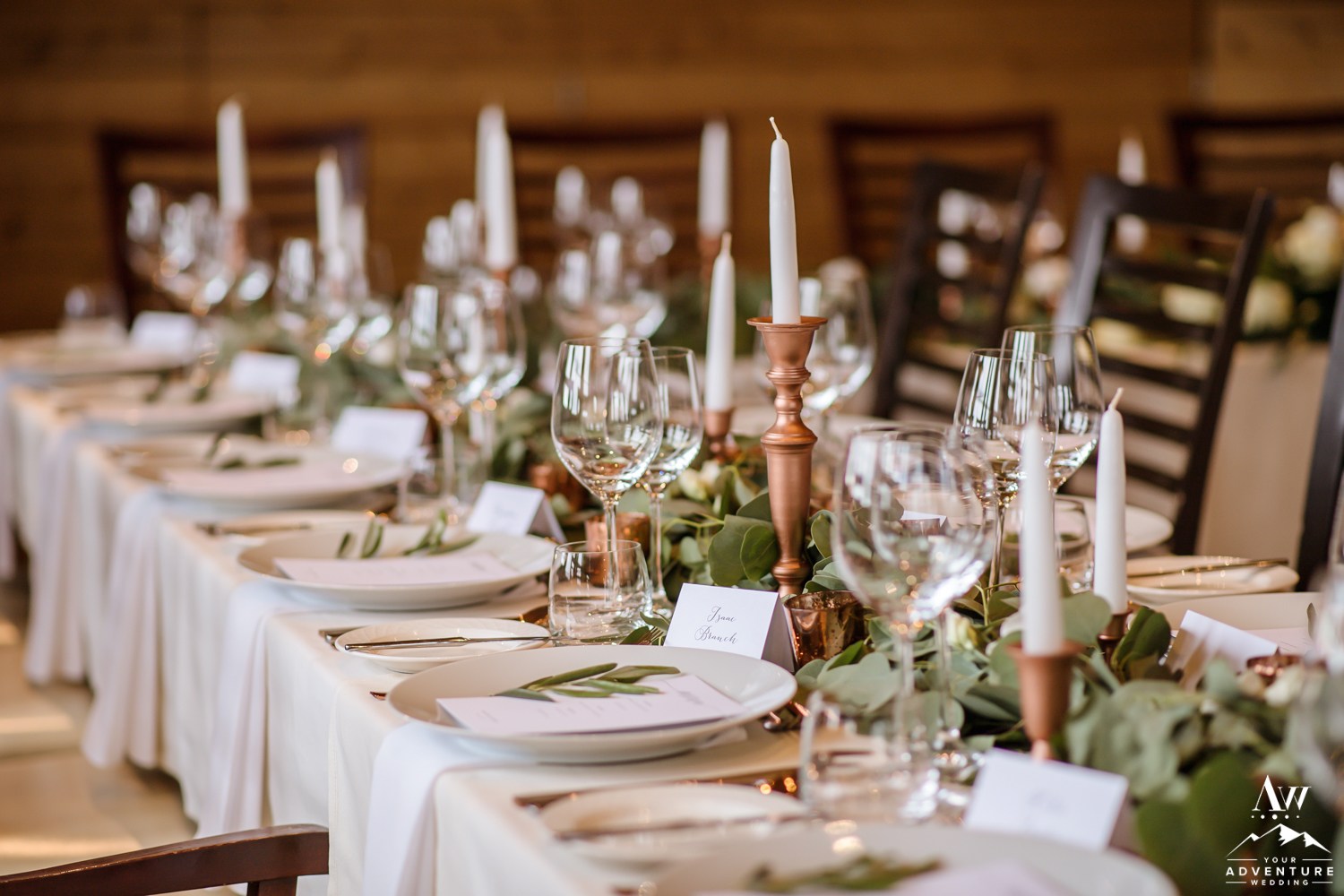Rose Gold and Eucalyptus Reception Setup at Iceland Wedding