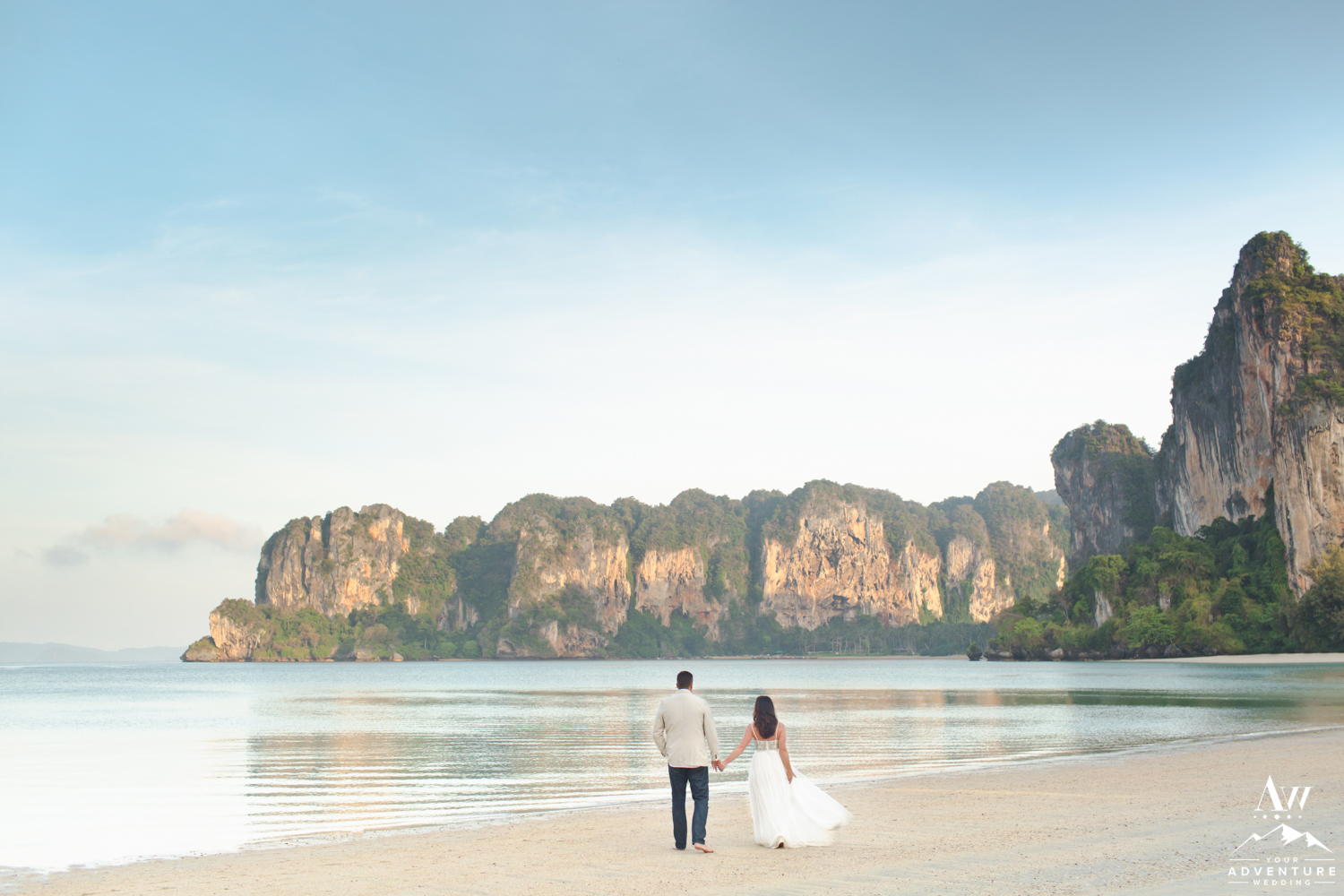Thailand Wedding Couple at Railay Beach at sunrise