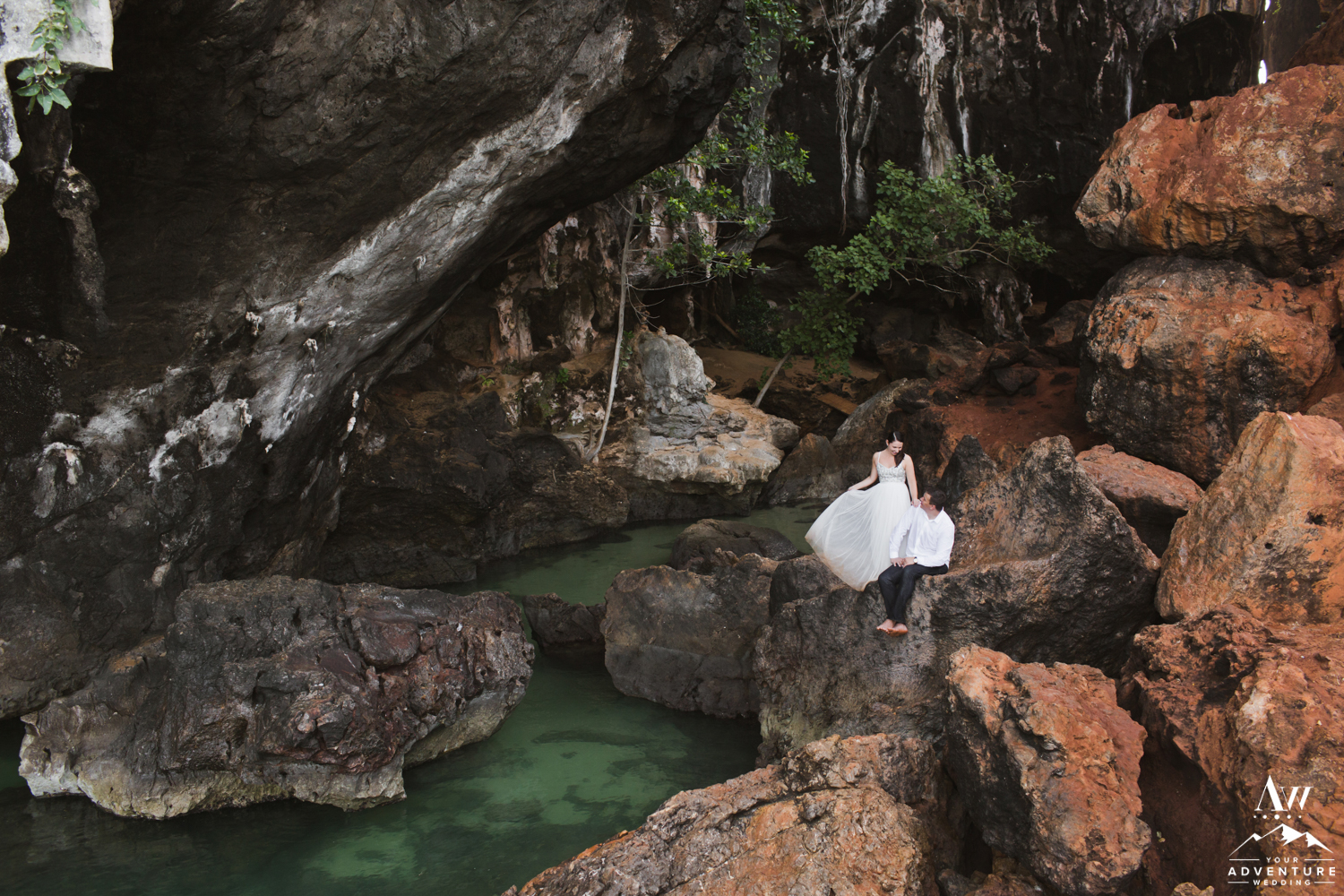 Thailand Adventure Wedding Couple adventuring inside of a cave