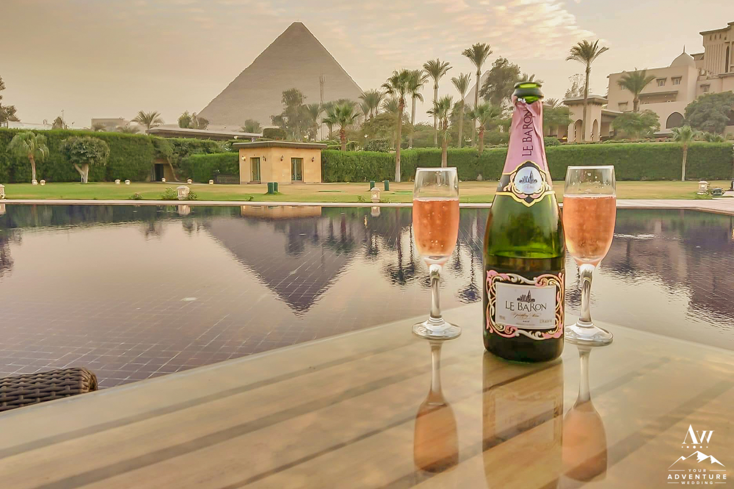 Marriott Mena House view with champagne