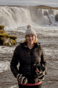 Jean Smith in front of Iceland Waterfall
