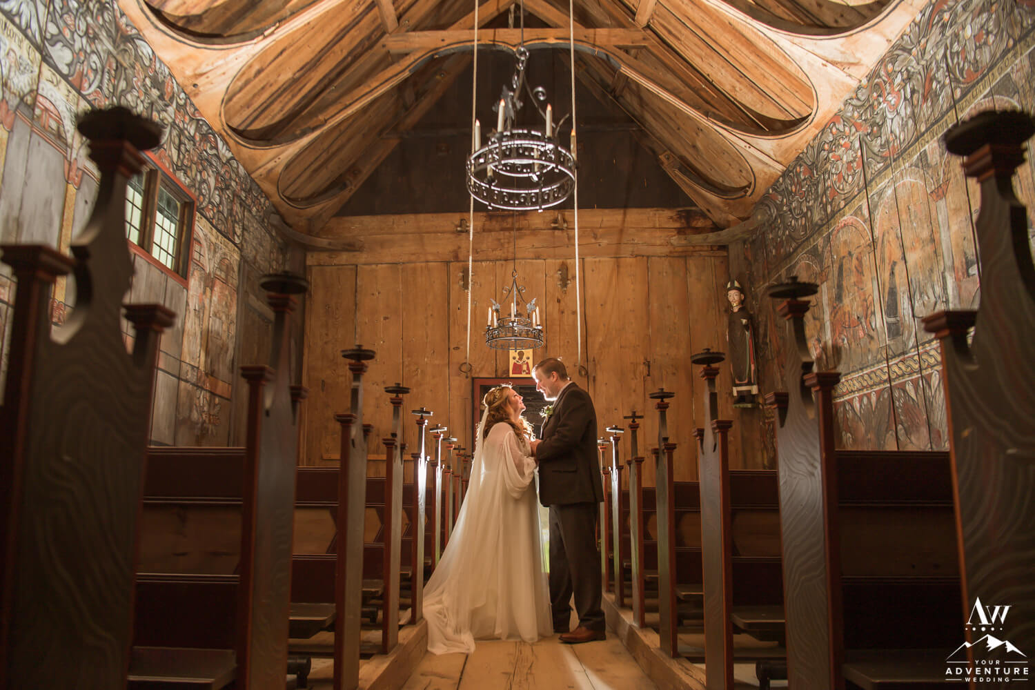 Norway Wedding Couple inside Eidsborg Stave Church