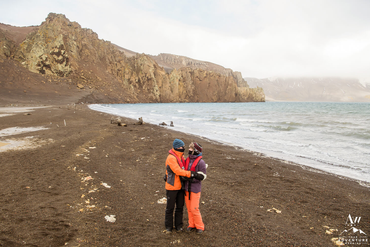 Antarctica Elopement Couple explores seal island