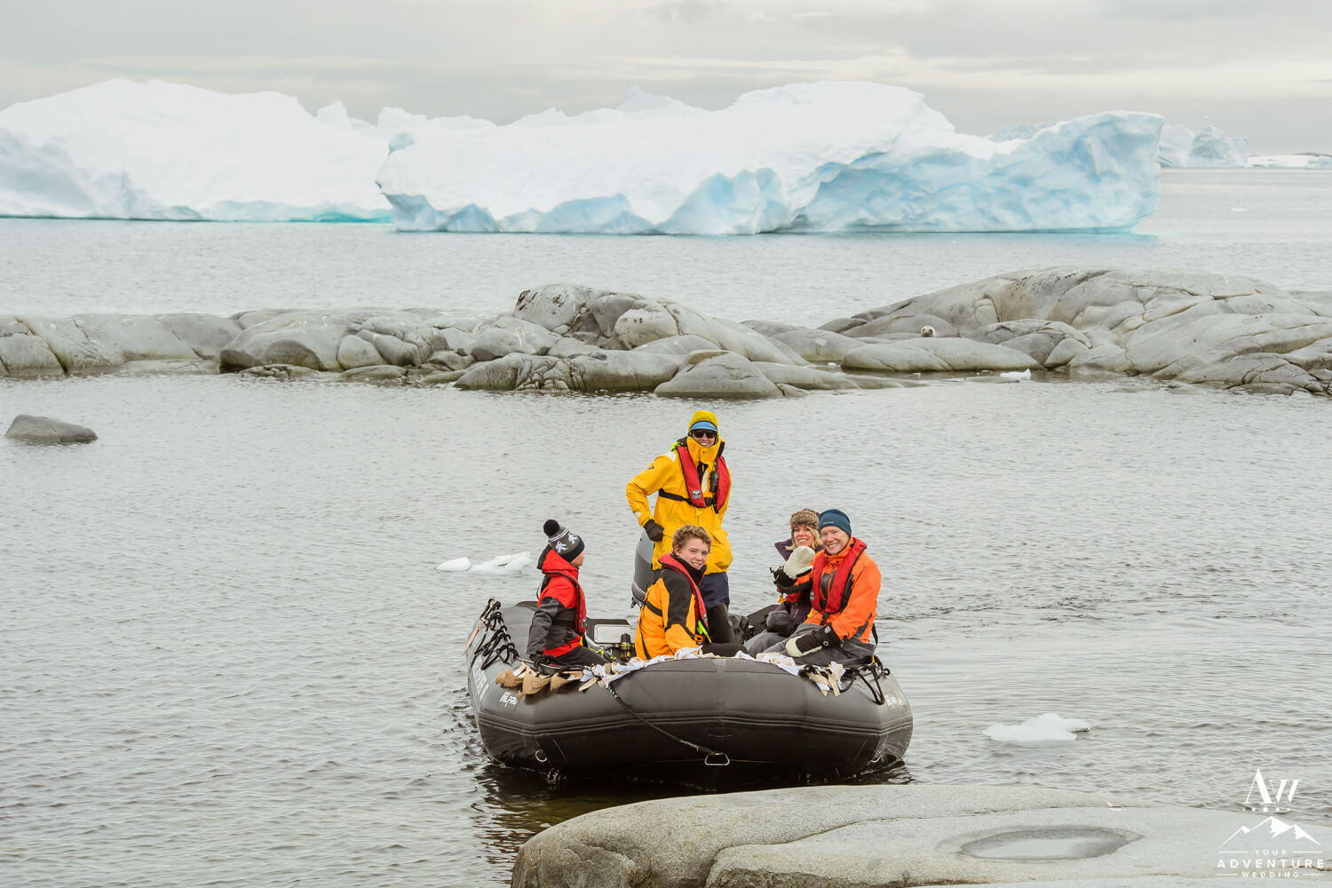 Antarctica Wedding Expedition group in Zodiac