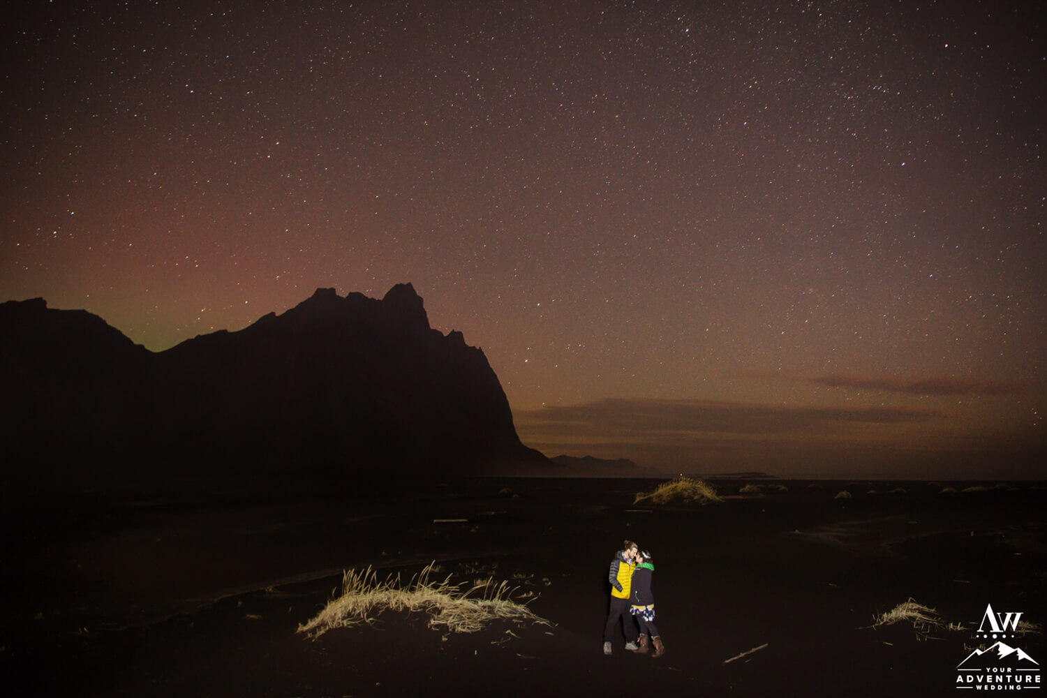Nighttime Elopement Photos at Vestrahorn Mountain in Iceland